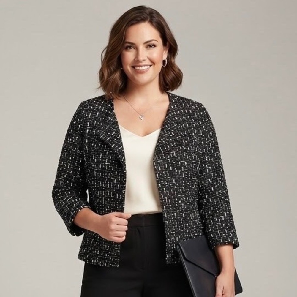 Talbots Collection Black White Tweed Open Front Jacket Blazer Size 12 3/4 Sleeve